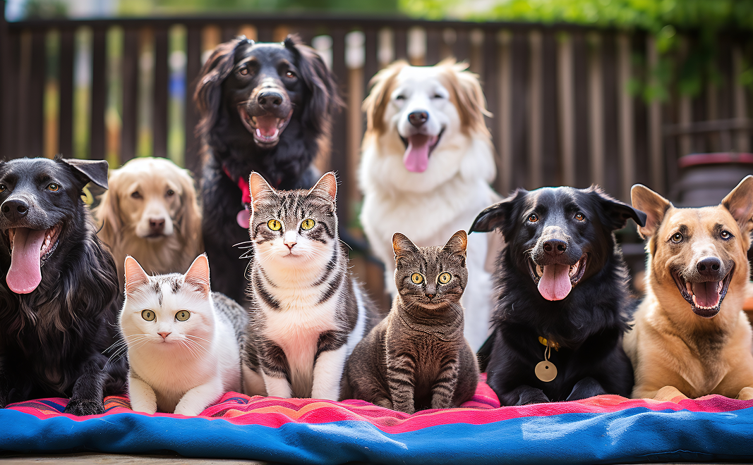 Happy group of cats and dogs sitting together