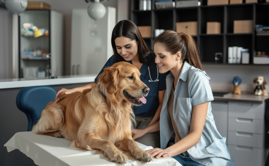 Veterinarian and pet owner caring for a golden retriever
