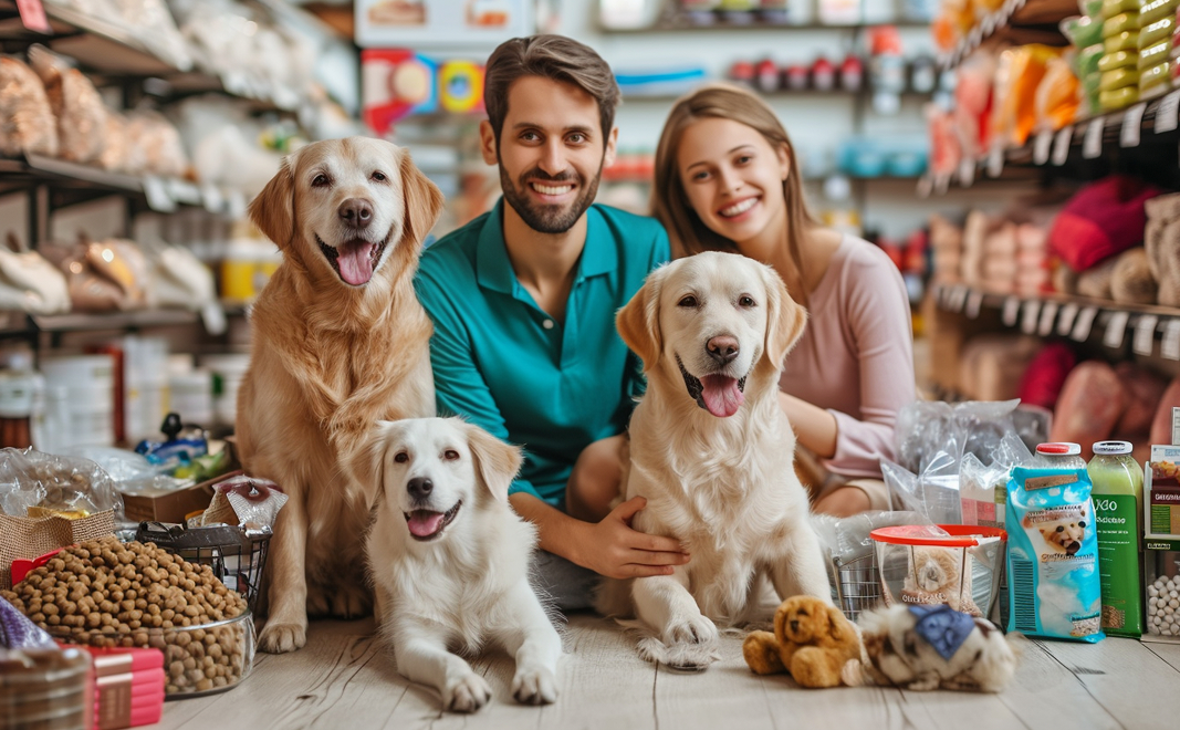 Happy customers with their golden retrievers at our pet store