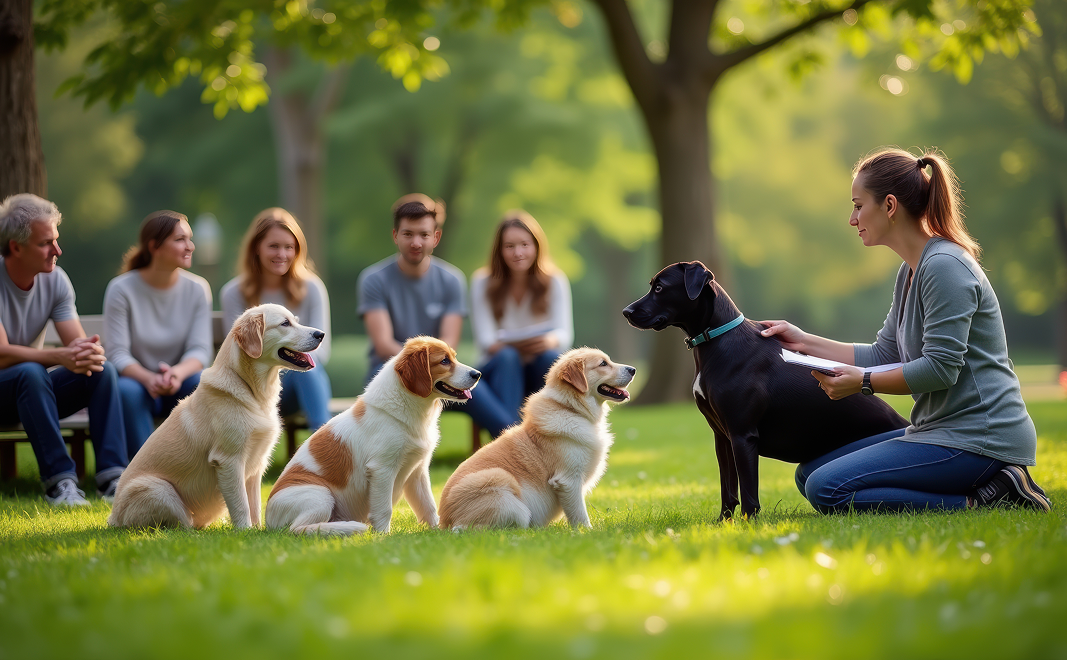 Dog trainer working with dogs in a park setting